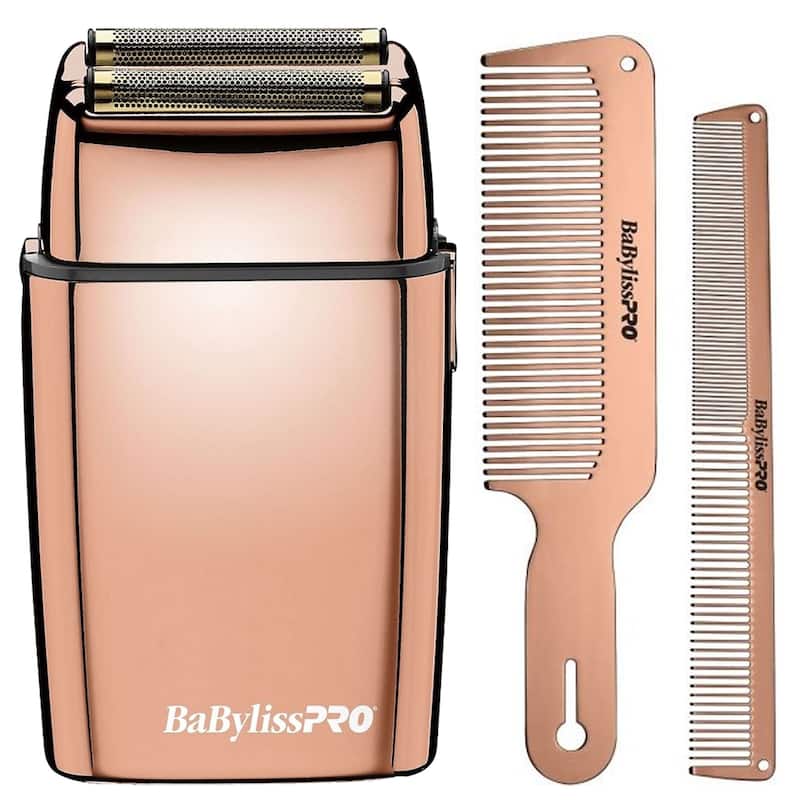 BaByliss Pro FOILFX02 Cordless Rose Gold Double Foil Shaver FXFS2RG + RoseFX Metal Comb Set 9" Clipper Comb & 7.5" Cutting Comb - Rose Gold