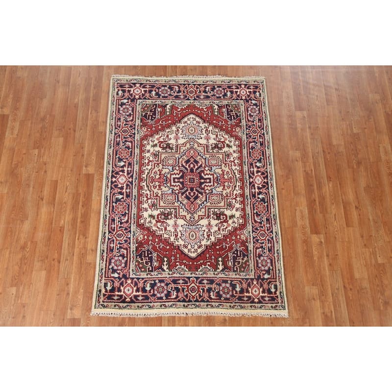 Geometric Traditional Heriz Serapi Oriental Wool Area Rug Hand-knotted - 4'0" x 5'11"