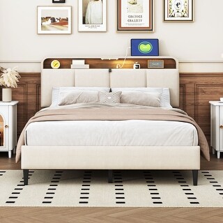 Full Size Upholstered Storage Platform Bed Frame w/ Sockets & USB Port ...