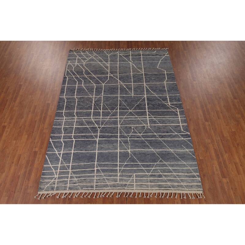 Blue Moroccan Abstract Area Rug Handmade Wool Carpet - 7'8" x 10'7"