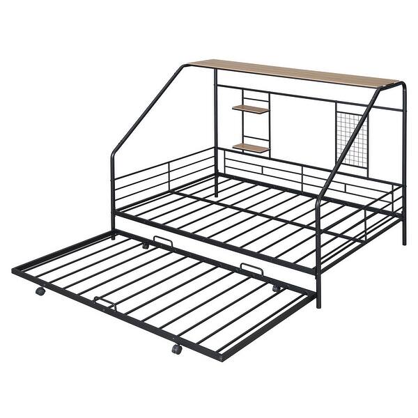 slide 2 of 13, Full Size Metal House Bed with Trundle, Built-in Shelf and Grid, Black Black - Full