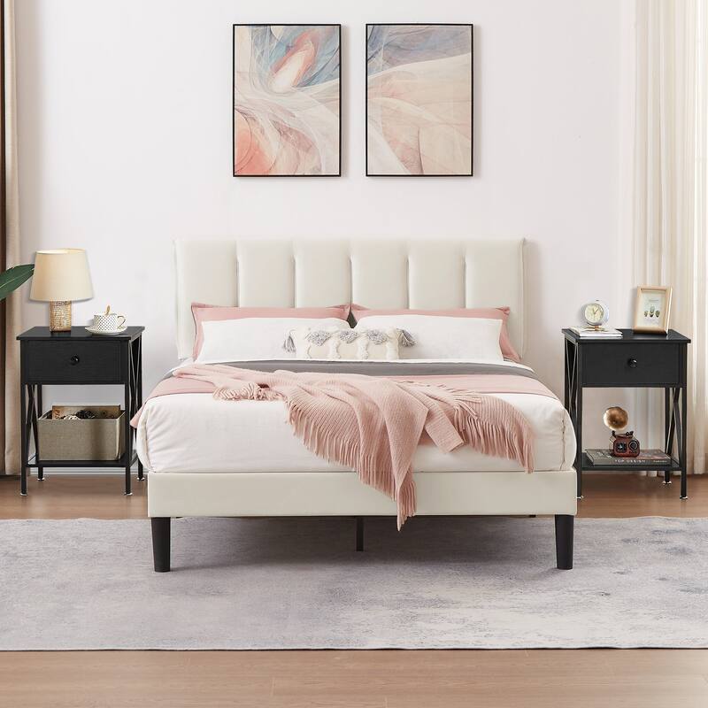 VECELO 3-Pieces Tufted Upholstered Beige Platform Bed Frame with Adjustable Height Headboard and Nightstands Set of 2 - Black - Queen