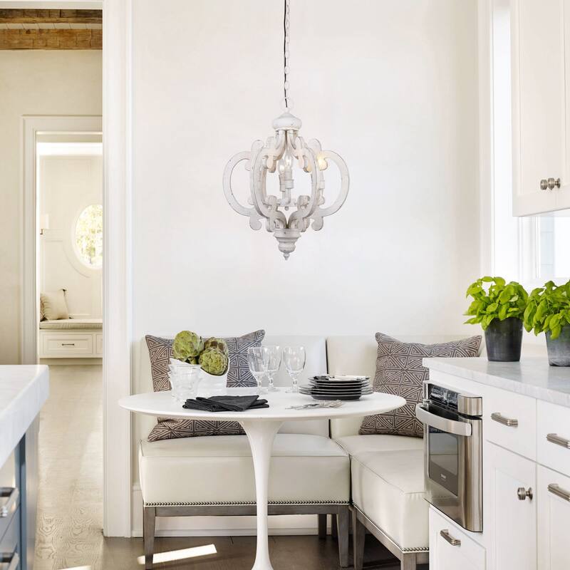 Farmhouse Antique White 6-light Wooden Chandelier - 19.7-in W x 26.8-in H