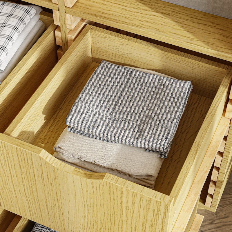 Buffet Sideboard 6-Drawer Wood Storage Cabinet with Adjustable Shelves, Solid Slat Panels