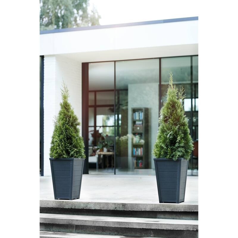 Keter Set of 2 Resin Modern Outdoor 22 Inch Tall Large Flower Pot Planters in a Stylish Tapered Wood Look Pattern