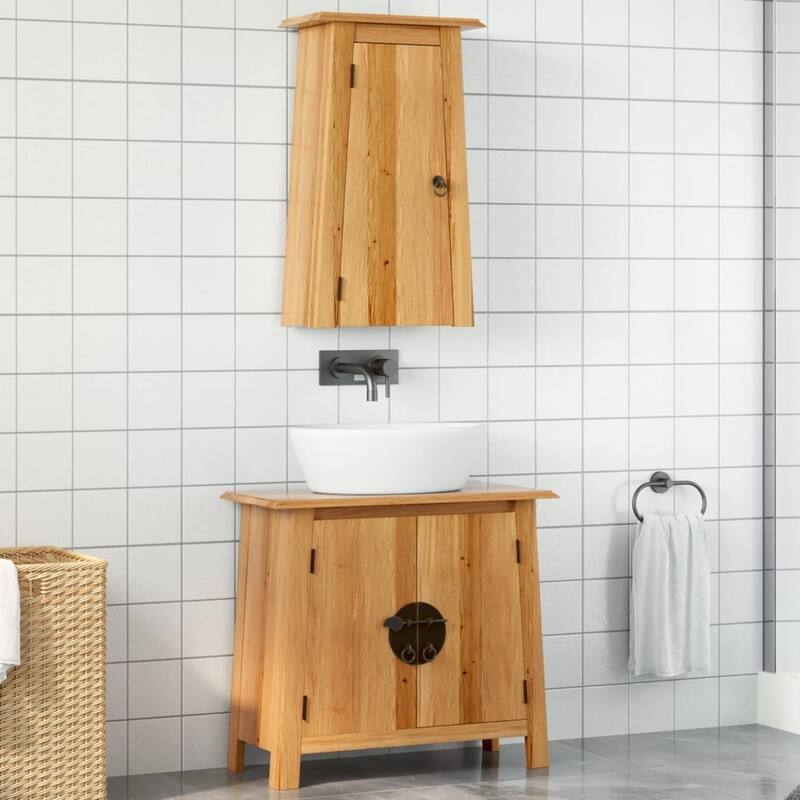 vidaXL Bathroom Furniture Set Wood Tone Solid Pine Wood - Brown - Sink cabinet + wall cabinet