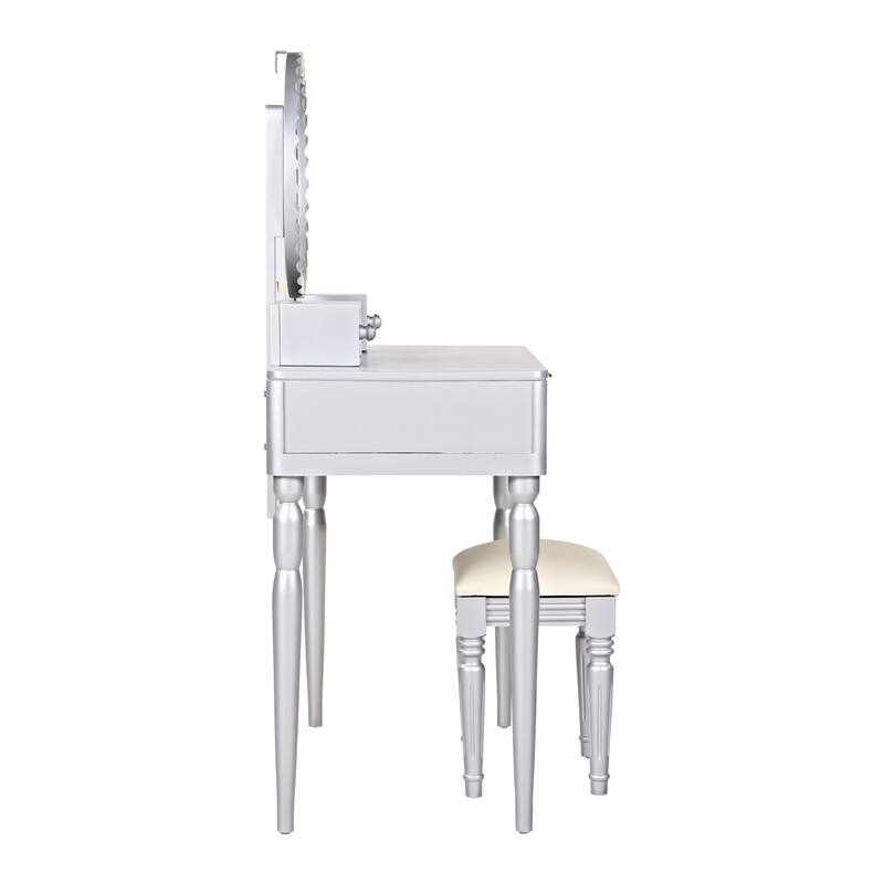 Silver Makeup Vanity Desk with Stool, 4 Drawers Dressing Table Set with Sunflower-shaped Vanity Mirror