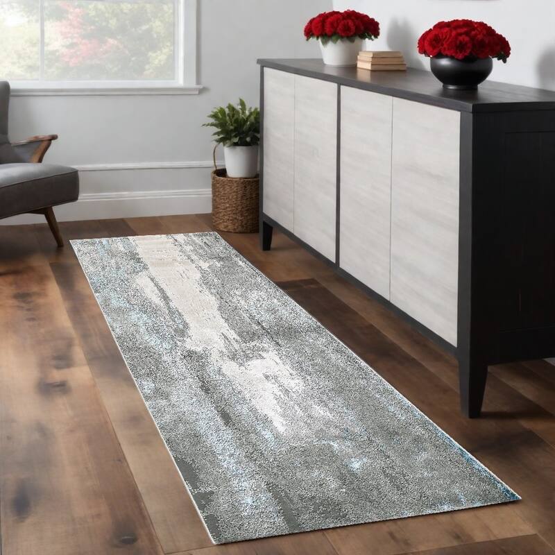 Zebuv Power Loomed Abstract Modern Stain Resistant Area Rug By HomeRoots - 94' X '34' X '0.39 - 94' X '34' X '0.39 - Oxford Blue - Runner