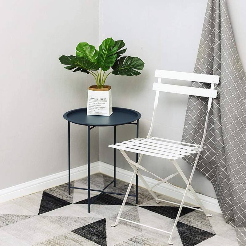 VECELO 1/2-Pack Blue Modern Side Table/ End Table with Round Removable Tray X-Shape Frame for Living Room or Bedroom