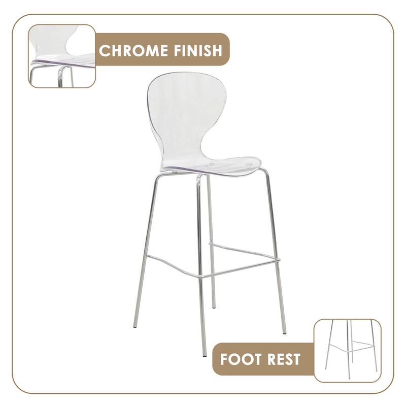 Oyster (Set of 2) 29.5" Mid-Century Modern Acrylic Bar Height Stools - Chrome Steel Frame & Stackable