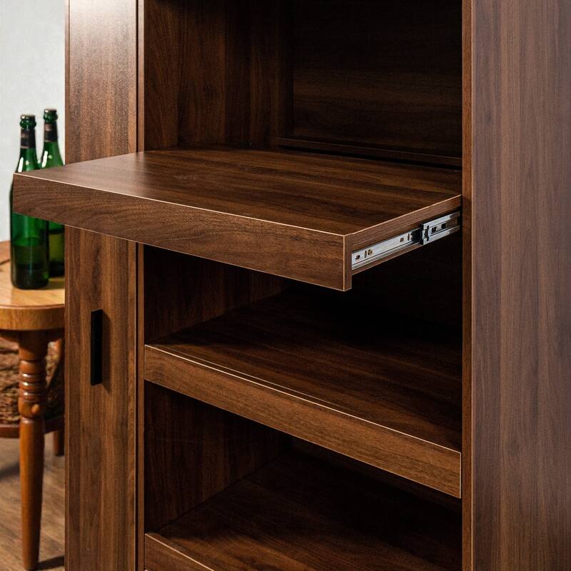 Tall Kitchen Pantry Cabinet with Pull-Out Multi-Tier Shelf, Drawer & Glass Door, Freestanding Hutch with Microwave Stand