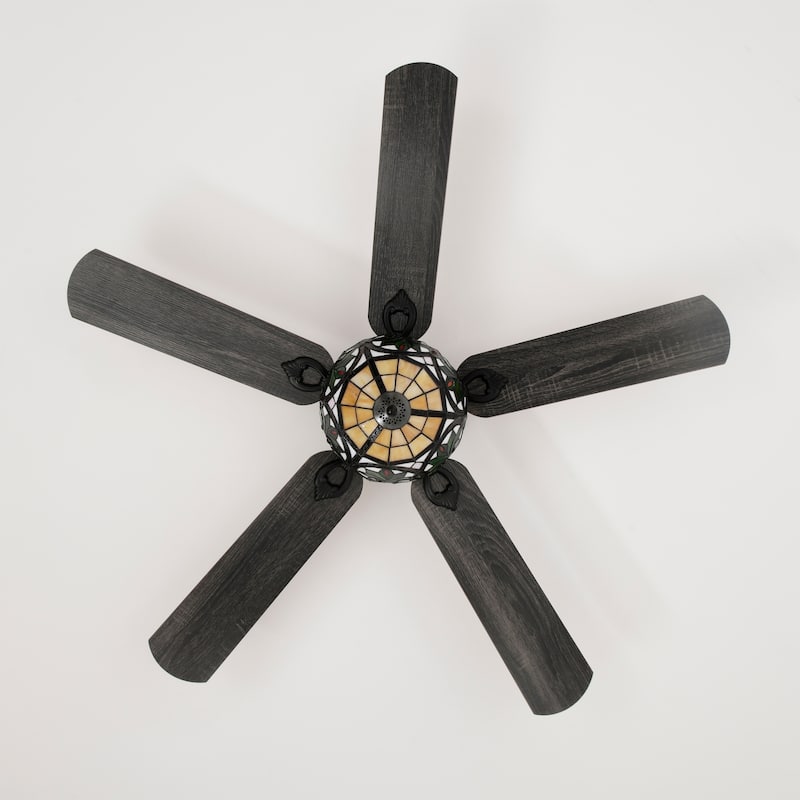 Peacoo 52-Inch Flushmount Lighted Ceiling Fan Ivory Leaf Berry Tiffany Glass Lamp Black Finish