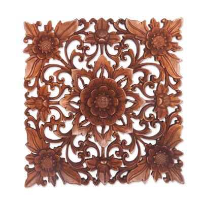 Handmade Floral Adornment Wood wall relief panel (Indonesia)