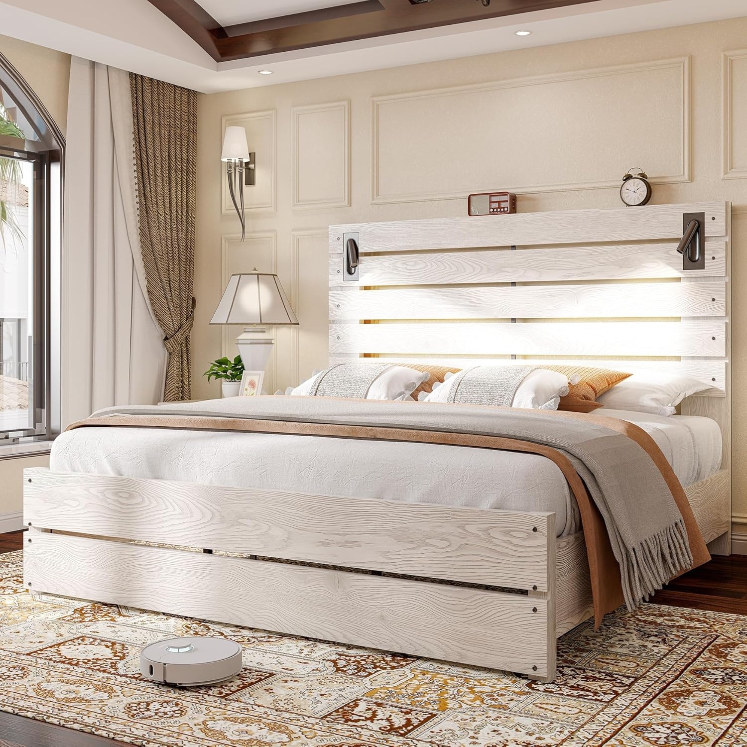 Queen Size Farmhouse Bed Frame with 51 inch Headboard, LED Reading Lights, Rustic Wood Look, No Box Spring Needed, Ash White