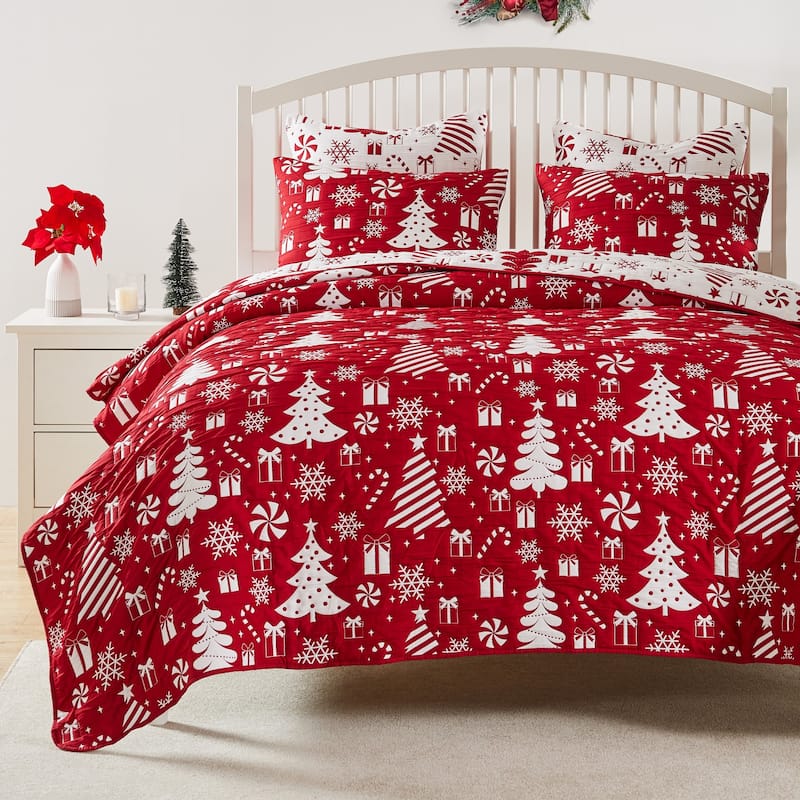 Greenland Home Novelty Holiday Reversible Matelasse Coverlet Set - Twin - Twin XL - Peppermint Party