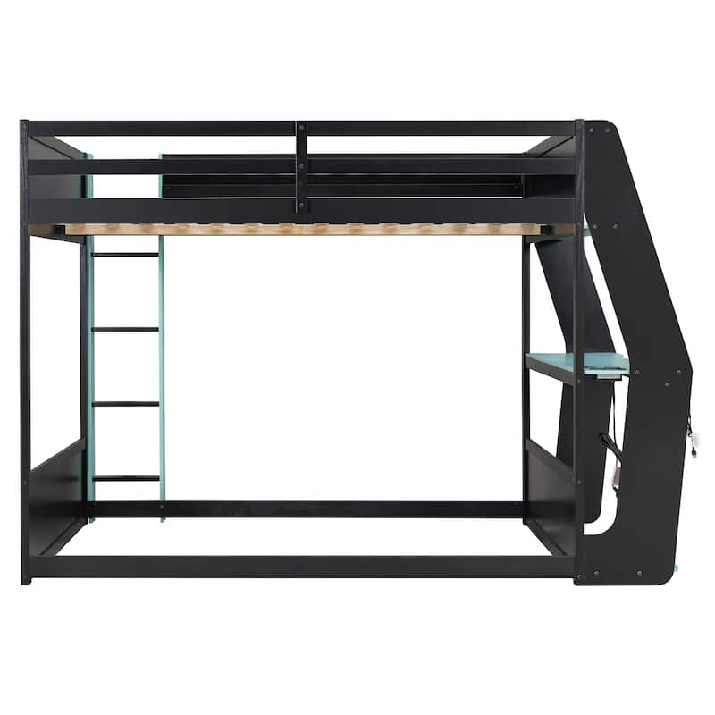 Esports Loft Bed Full Over Full Bunk Bed Frame with Side Mounted Desk, Light Strip, Charging Station and Cable Grommet