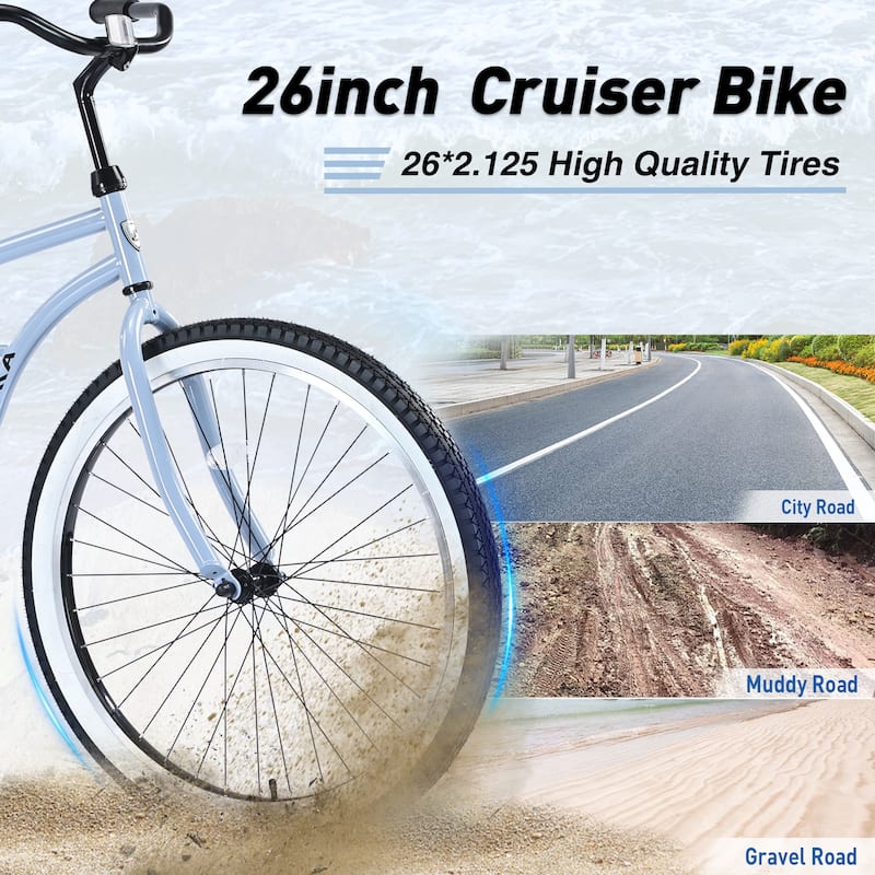 26 Inch Wide Wheels Bike, Comfort Single Speed Bicycleswith Rear Coaster Brakes, Steel Frame Beach Cruiser Bike for Teens, Kids