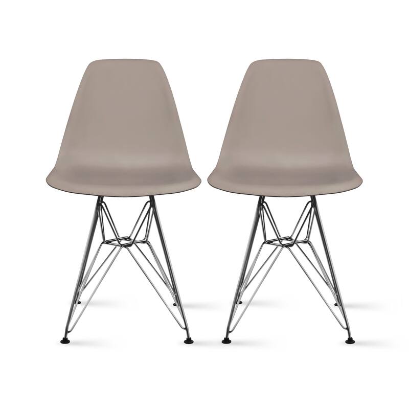 Set of 2 Modern Designer Plastic Dining Chairs with Aluminum Metal Legs, Accent Side Chairs - Gray
