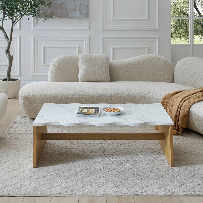 47.24" Whisper of Waves Modern Coffee Table, White Faux Marble Table Top, Solid Wood Veneered Base, Accent Table