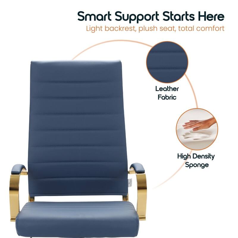 Benmar High-Back Leather Office Desk Chair in Brushed Gold Steel Frame Cushion Padded Armrests Tilt Lock Swivel Ergonomic Chair