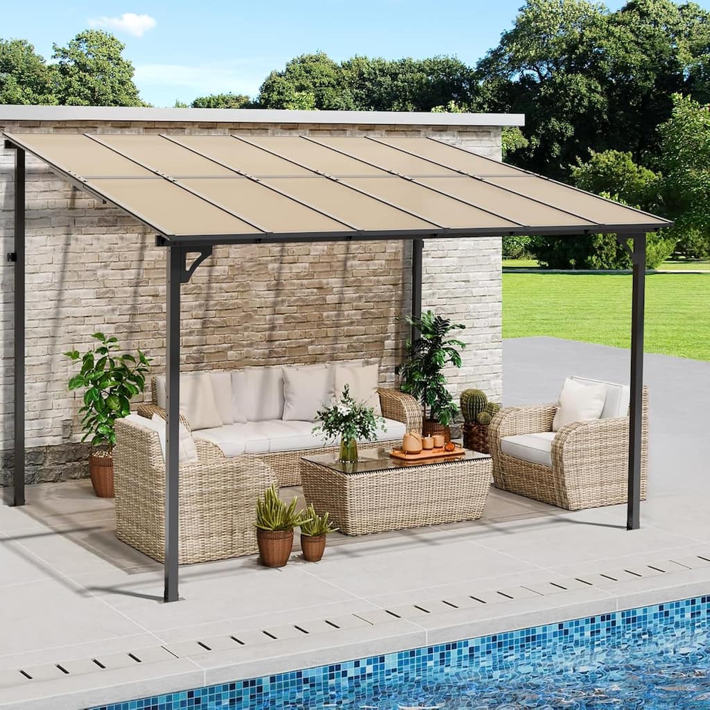 10' x 11.8' Wall-Mounted Gazebos Pergola, Outdoor Reclining Gazebos Hardtop Awnings for Patio, Backyard, Garden, Porch