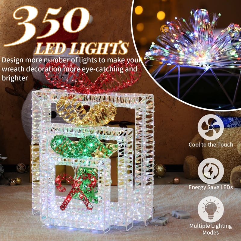 Set of 3 Lighted Iridescent Cut-out Gift Box Christmas Decorations, Pre-lit Holiday Decor for Xmas Decor Holiday Displays