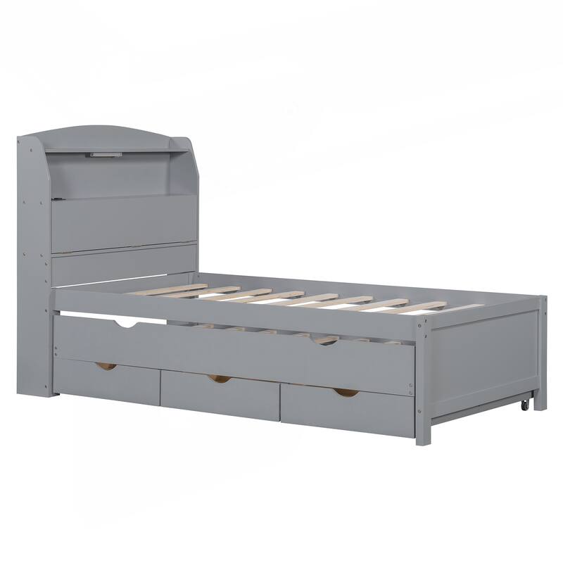 Innovative Twin Size Wooden Platform Bed with Multiple Storage Options