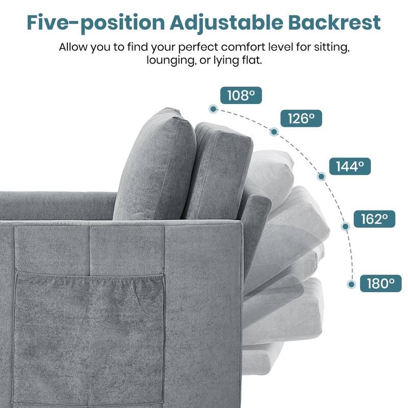 31.5" Pull Out Convertible Sleeper Sofa with 5-Position Adjustable Backrest, Side Pockets, Storage Basket, Grey Chenille