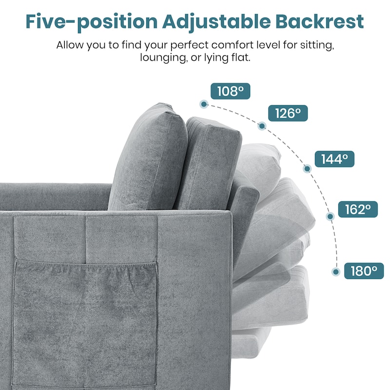 Chenille Convertible Sleeper Sofa Chair with 5-Position Backrest, Storage Basket and 440lb Capacity