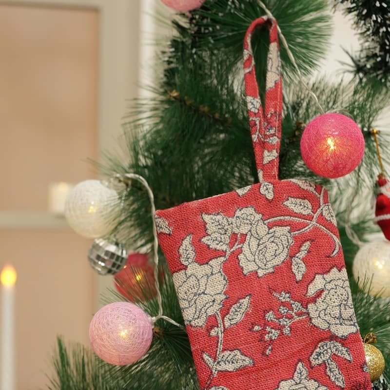 Fabdivine Hand Block Floral Print Christmas Knit Stockings, Home Decorative Gift Use - 16"X6.5"