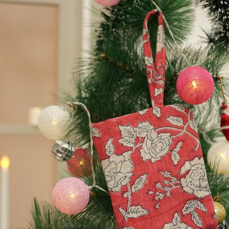 Fabdivine Handmade Linen Floral Block Print Christmas Stocking Home Décor Perfect for Gift - 10"X4.5"