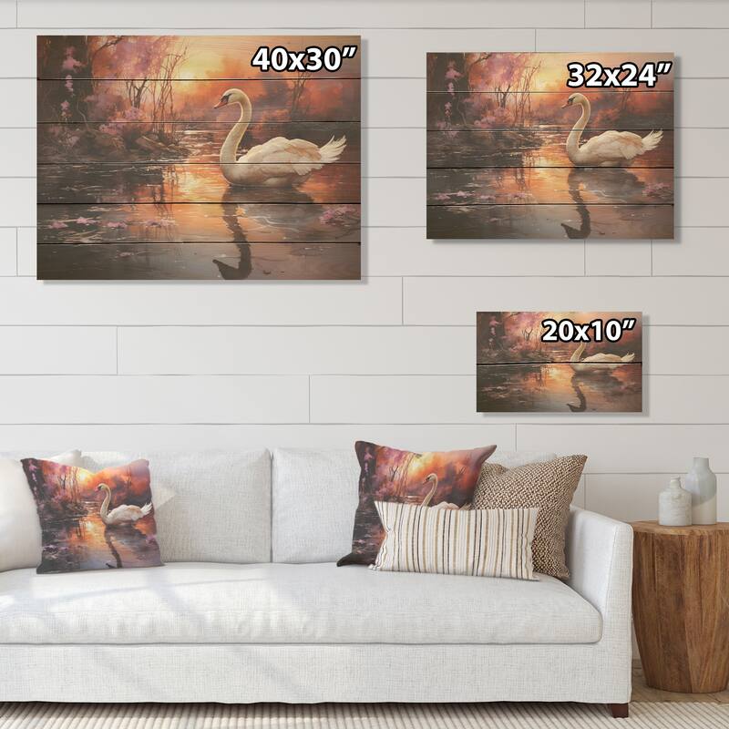 Designart "Mystic Dawns Swan" Swans Wood Wall Decor - Modern Pink Wood Panel On Natural Pine Wood