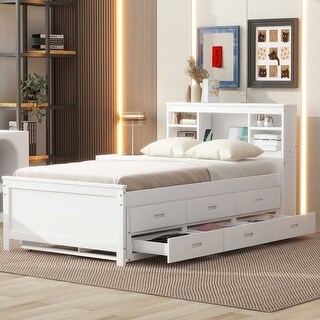Twin Platform Bed with Storage Headboard, USB, Twin Size Trundle and 3-Drawers, White