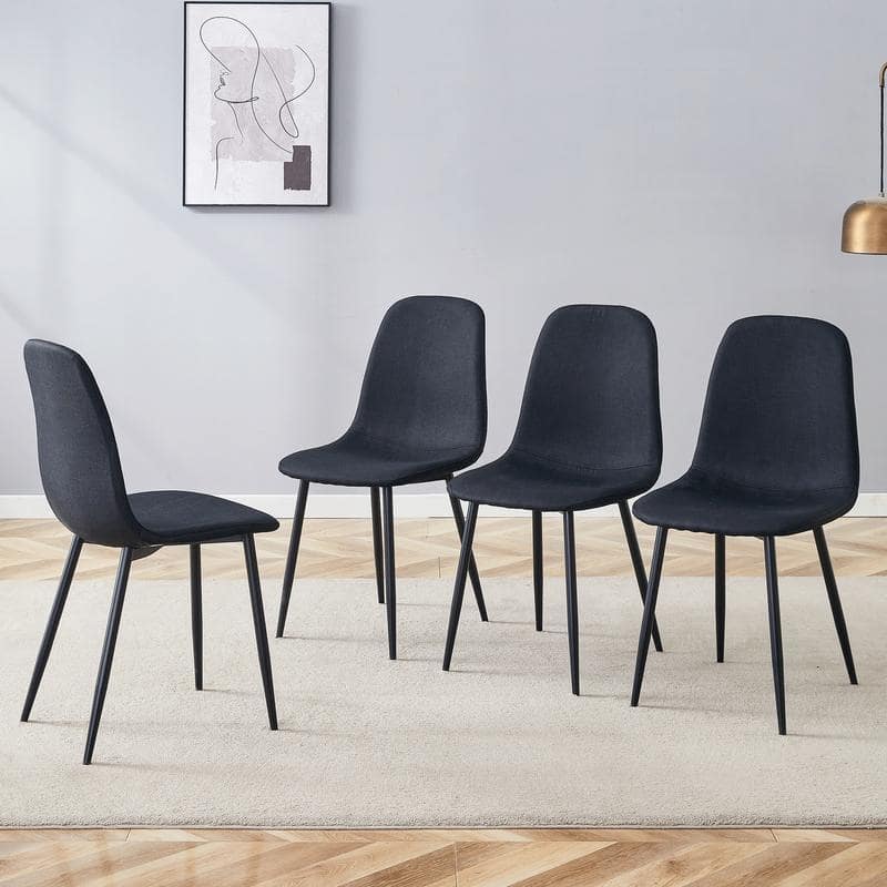 Set of 4 Modern Dining Chairs - Breathable Linen-Cotton Upholstery & Sturdy Integrated Metal Legs - Black
