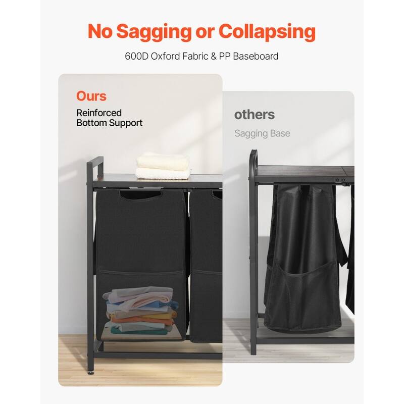 36.5 Gallon Black 3-Bag Laundry Hamper Sorter with Sturdy Steel Frame and Wooden Tabletop - 38.58 x 12.99 x 27.95 in