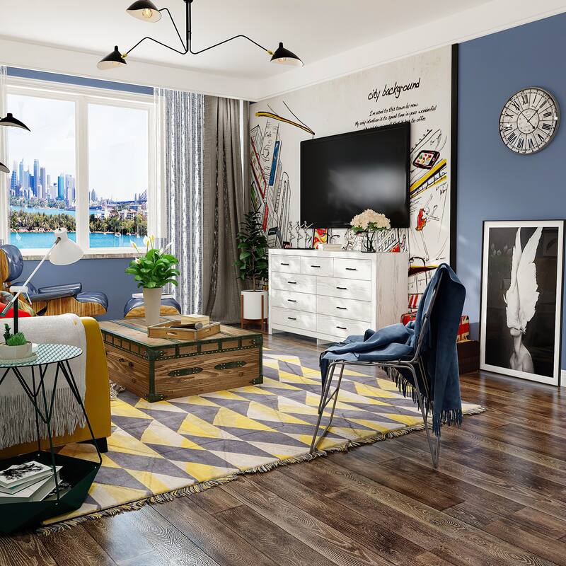 63" White 9 Drawer Dresser for Bedroom, Modern Wide Wood Storage Dresser with Metal Handles