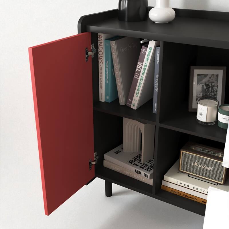 35" Modern Black Buffet Storage Cabinet with Unique Drawer Panels, 2 Doors and Open Shelves, Accent Sideboard