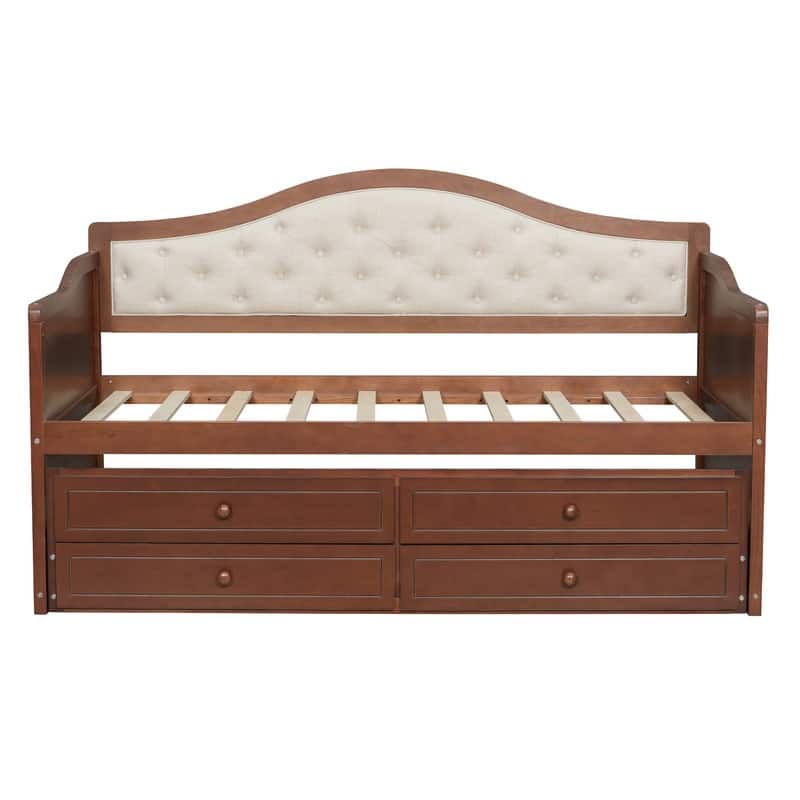 Twin Size Daybed with Trundle, 2 Storage Drawers and Upholstered Button Tufted Backrest