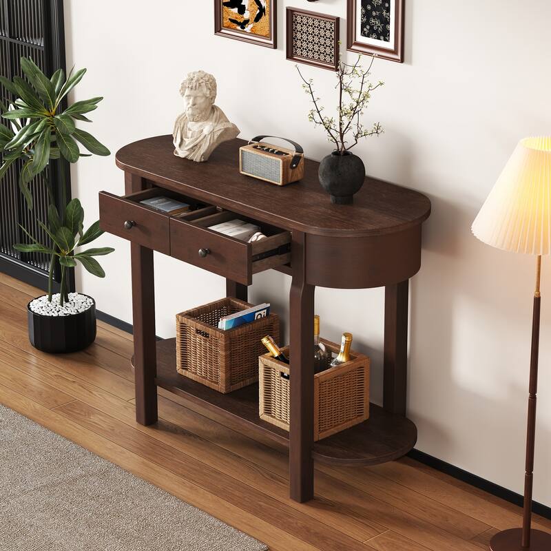 Curved Console Table with 2 Storage Drawers and Metal Handles, Wooden Hallway Tables Entryway Table wOpen Storage Shelf