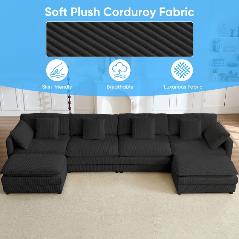 Mixoy 148''Oversized Modular Sectional Sofa, U-Shaped 6-Seater Corduroy Upholstered Deep Seat Sofa with 2 Movable Ottomans - 4+2