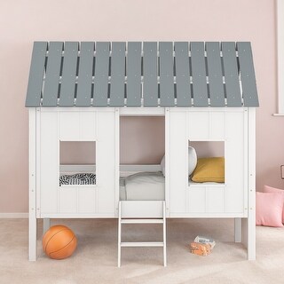 Pinewood Twin Size Low Loft House Kids Bed Frame with Roof, Playhouse Design and Two Front Windows for Bedroom, White