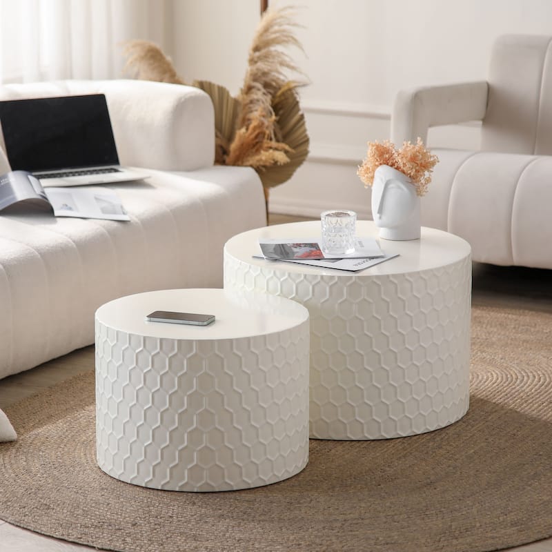Stylish Nesting Coffee Table Set Modern Round Coffee Table with Honeycomb Design, for Living Room, 2-Piece Set