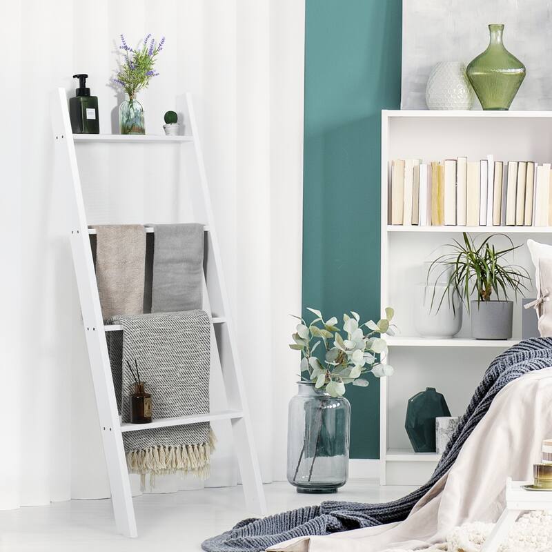 54” Leaning Wooden Blanket Ladder Rack for Storage Decorative Towel Shelf for Bedroom and Bathroom - 20" x 3" x 54" (L x W x H)
