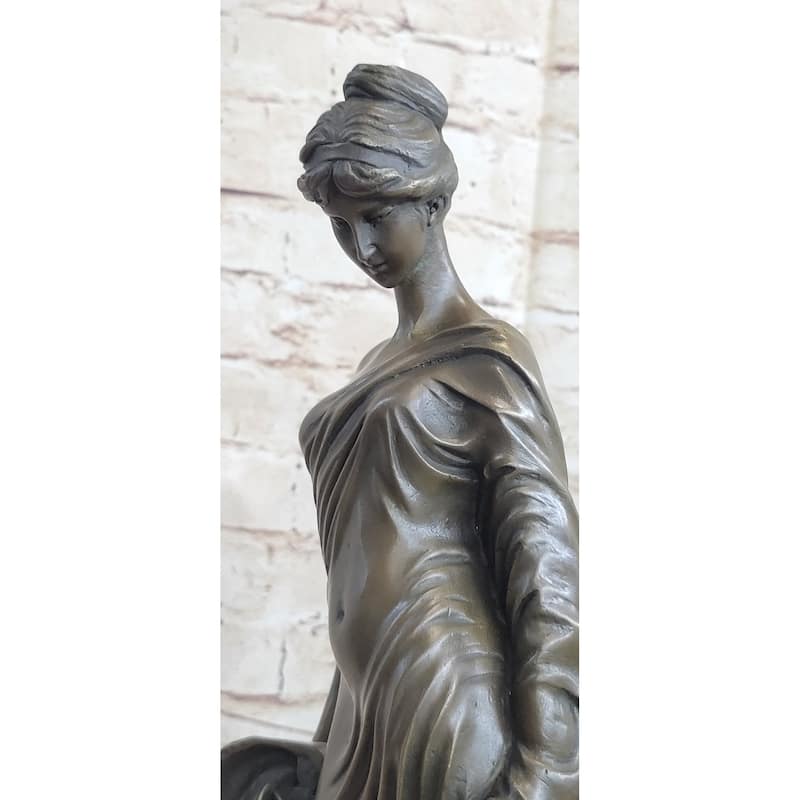 Young Roman Woman Leaning Against Pillar Bronze Figure Statue Sculpture Decor