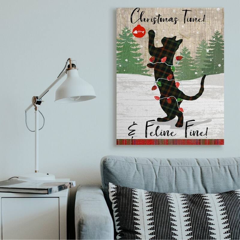 Stupell Country Holiday Christmas Time Phrase Family Cat Scene Canvas Wall Art - Multi-Color