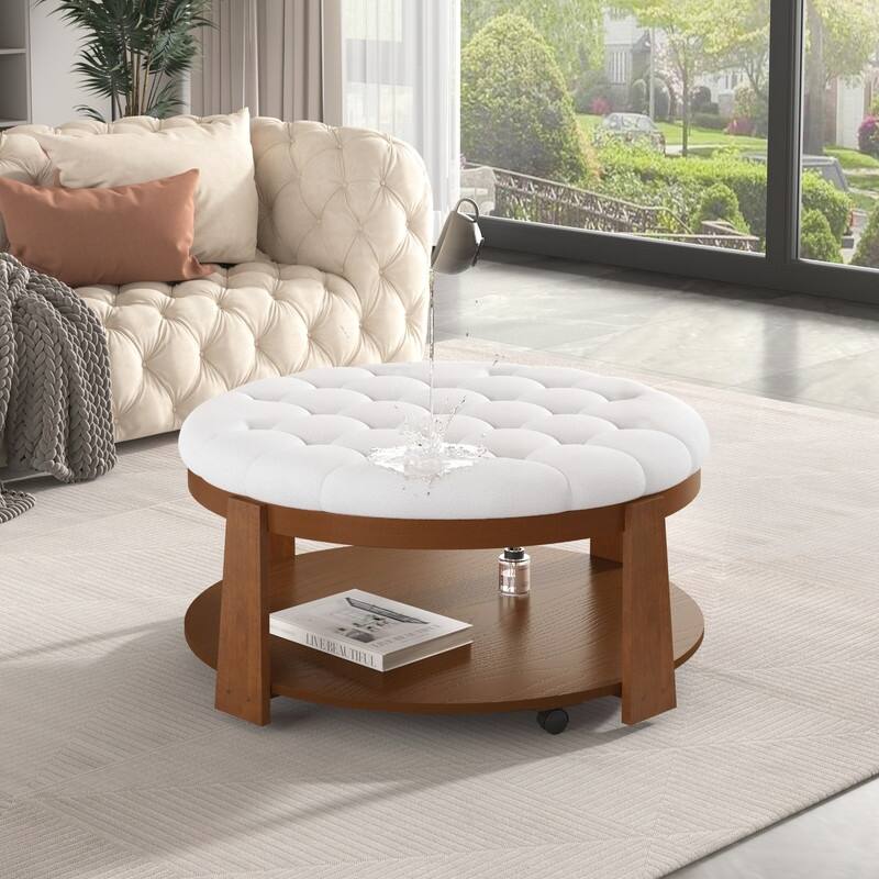Modern Large Round Ottoman Coffee Table 2-Tier Oversized Button Tufted Ottoman with wheels