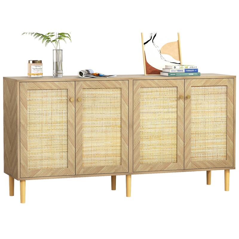 Anmytek Modern 63" W 4-Door Large Sideboard Buffet Rattan Kitchen Storage Cabinet with Adjustable Shelves