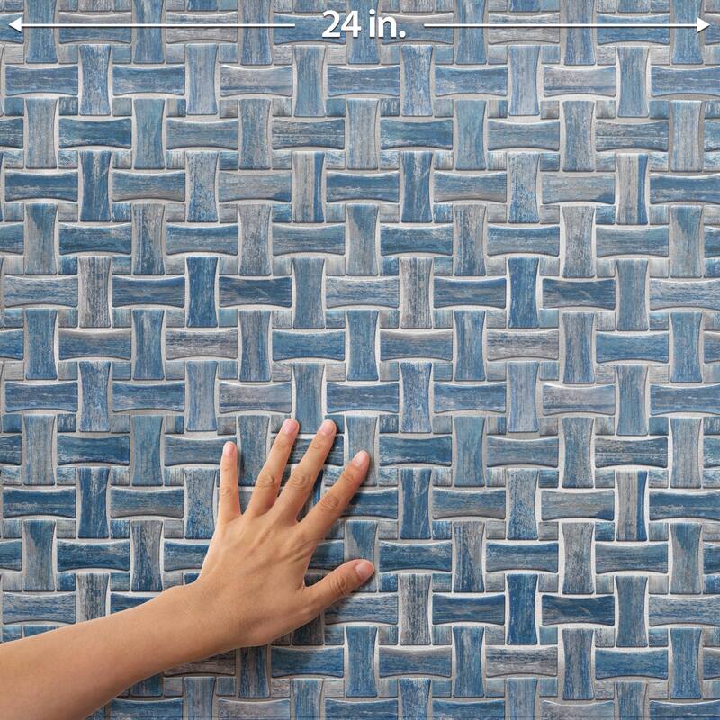 Merola Tile Cassis Dog Bone Basketweave Blue w/ Blue Dot 10" x 10" Porcelain Mosaic Floor and Wall Tile