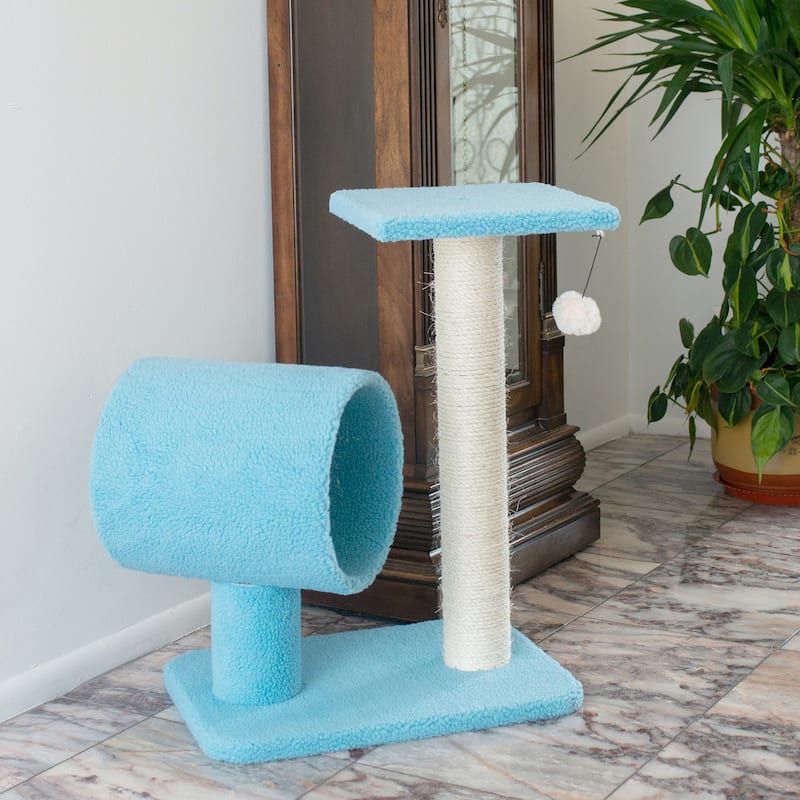 Sky Blue Real Wood Cat Tree With Scratcher And Tunnel for Privacy And Hiding