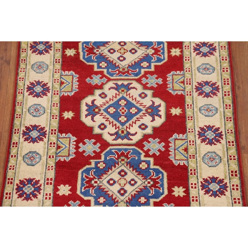 Red Geometric Kazak Oriental Accent Rug Handmade Foyer Wool Carpet - 2'8" x 3'9"